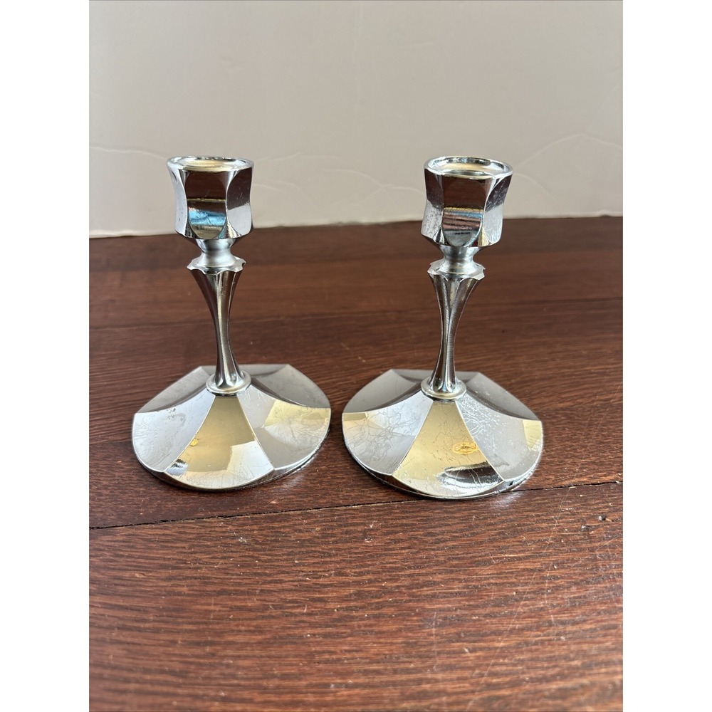 Pair IRVINWARE‎ Silvertone Chrome 4.5" Candlestick Holders Made in USA VGC